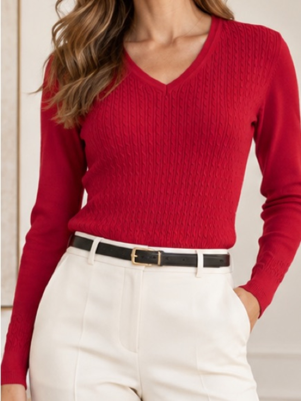 Tommy Hilfiger Red Textured Cable Knit V-Neck Sweater XS